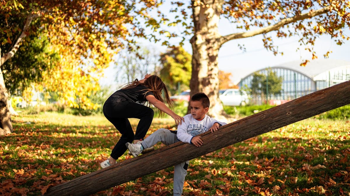 Two kids enjoying playtime on a seesaw in an autumn park with colorful leaves.